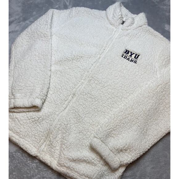 BYU Idaho Teddy Fleece Jacket Womens XL Ivory Full Zip Embroidered Logo Pockets - Picture 1 of 10